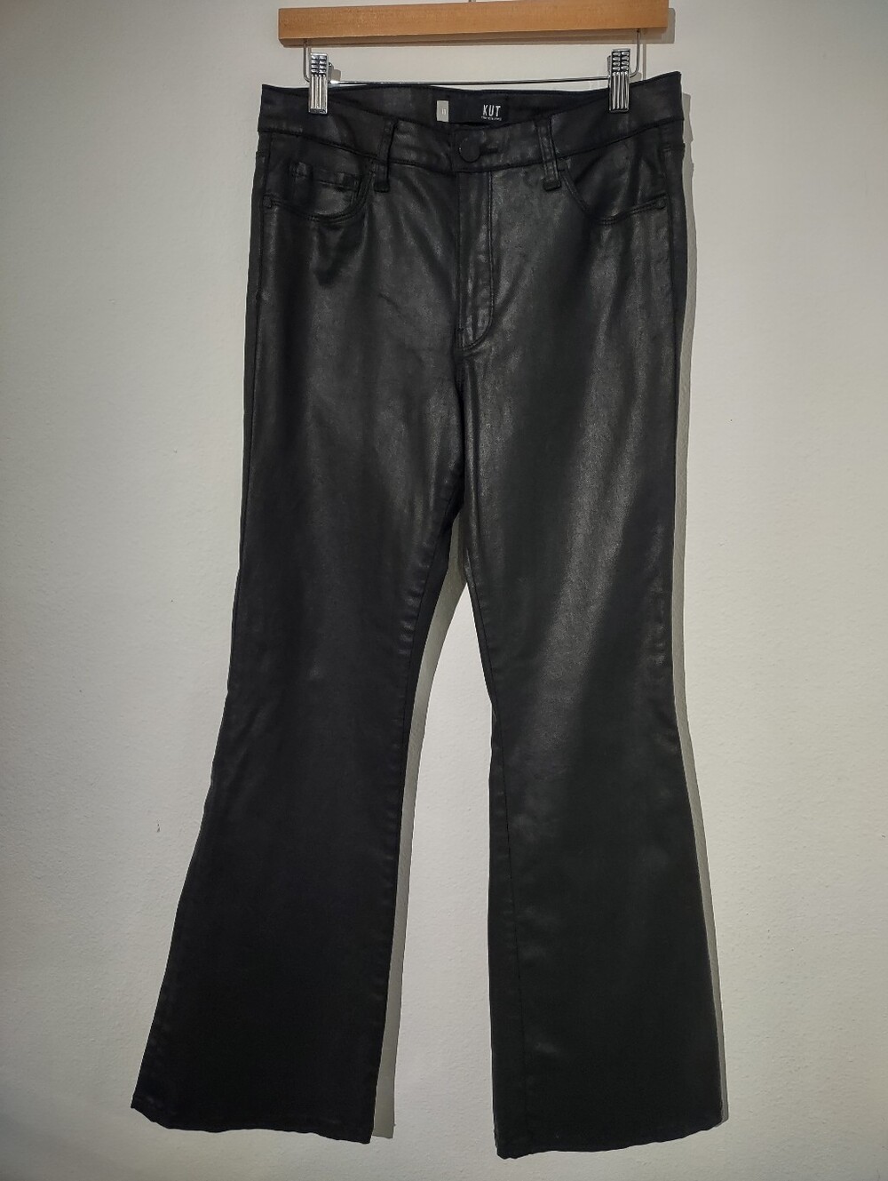 KUT from the Kloth Women's Size 10 Black Coated Denim Pants Flare